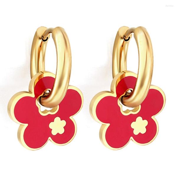 Boucles d'oreilles créoles raffinées petit pendentif en forme de fleur rouge pour femmes filles enfants acier inoxydable Anti allergie corée accessoire d'oreille à la mode