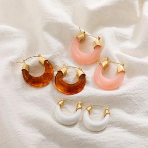 Boucles d'oreilles créoles en résine plaquée or en forme de U pour femmes, en acier inoxydable, pierre naturelle rose, Huggie, bijoux d'oreille, cadeaux de mariage
