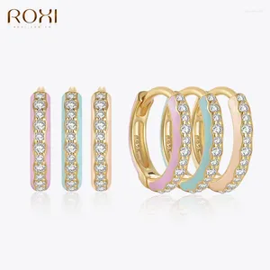 Boucles d'oreilles cerceau ROXI 925 en argent Sterling 1 paire émail rangée Zircons boucle d'oreille pour les femmes tendance coréenne rose/bleu bijoux