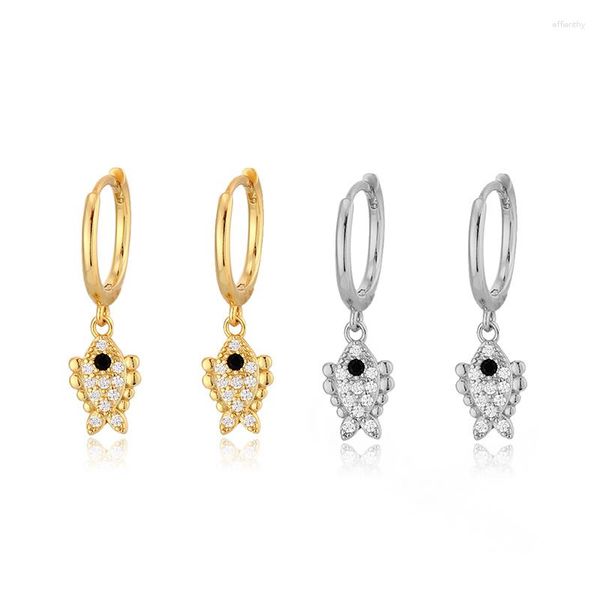 Pendientes de aro RYJU de Plata de Ley 925, abalorios de pez de circonita náutica coreana, Piercing Huggie para mujeres y adolescentes, joyería Unisex