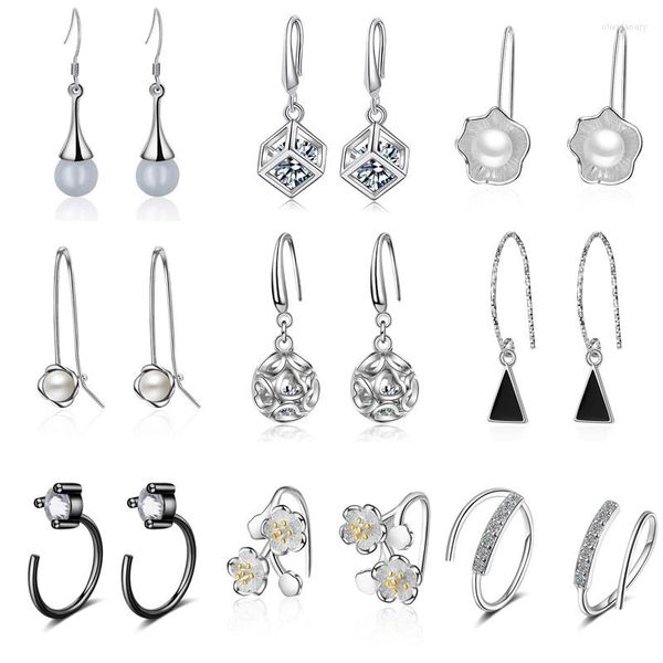 Pendientes de aro S925 Plata Lady Shambhala CZ Caja Corazones calados Bola Flores Perla Pendiente de ópalo Chica Mujer Regalo de cumpleaños Joyería de moda