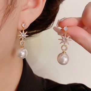 Hoop oorbellen S925 Silver Naald Elegante Minimalistische minimalistische set Zirkoon Star-vormige Pearl Pendant Women Sieraden