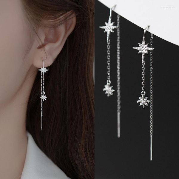 Boucles d'oreilles créoles S925 en argent Sterling plein diamant étoile gland fil d'oreille coréen petit frais Simple bijoux goutte pour les femmes