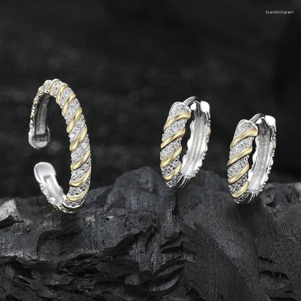 Pendientes de aro S925 Plata de ley Borde dorado Espiral Destello Diamante Luz Anillo femenino de lujo Accesorios para la yema del dedo Diario Simple y pequeño