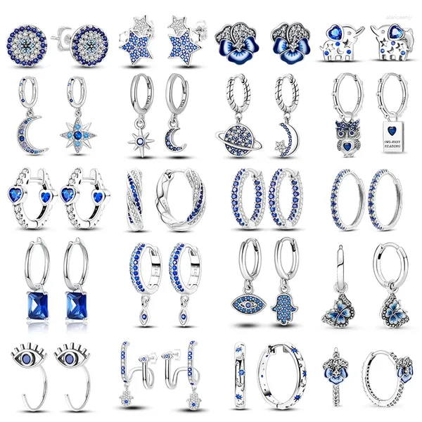 Boucles d'oreilles créoles en Zircon bleu brillant, hibou, argent 925, mauvais yeux pour femmes, fiançailles, mariage, planète, lune, étoile, bijoux en zircone