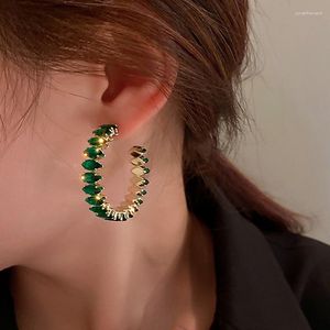 Pendientes de aro brillantes de lujo redondos de cristal de circón verde para mujer, joyería para fiesta de compromiso, regalos, accesorios para las orejas