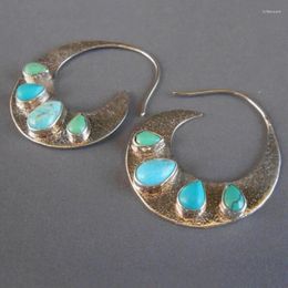 Boucles d'oreilles de cerceau Color Silver Turquoise Gemstone / Bali bijoux faits à la main uniques