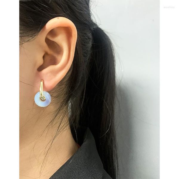 Pendientes de aro Diseño pequeño y lujoso Sentido minimalista geométrico en forma de U Anillo de jade chino Plata de ley 925 Mujer