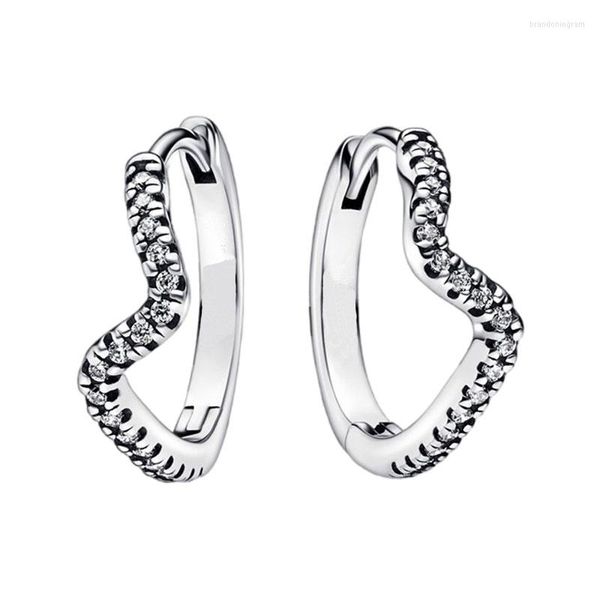 Boucles d'oreilles créoles scintillantes vague incurvée pour les femmes en argent Sterling 925 bijoux originaux serti de broches rondes pierres de Zircon cubique clair