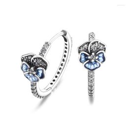 Boucles d'oreilles créoles printemps réel 925 en argent Sterling fleur de pensée bleue pour les femmes adolescentes bijoux de mode oreille Brincos en gros