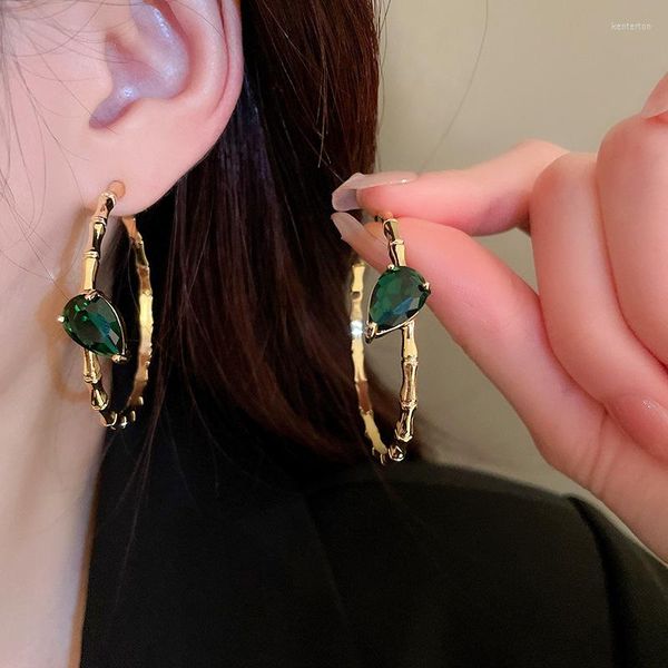 Pendientes de aro Srcoi Geométrico C Bambú con circón para mujeres Party Big Golden Femenina Básica del círculo delgado Joyería Niza