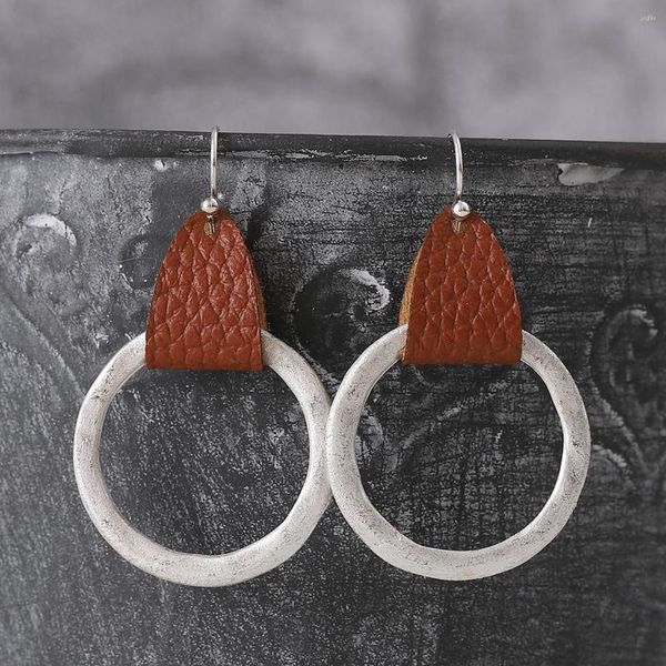 Pendientes de aro Acero inoxidable Círculo Cuero PU Bohemia Cobre Rojo Gota redonda para mujer