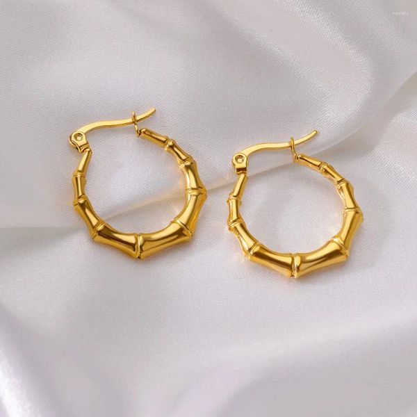 Boucles d'oreilles créoles en acier inoxydable pour femmes, couleur or, bambou, bijoux d'oreille à la mode, cadeau 2023