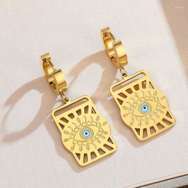 Pendientes de aro Joyería de acero inoxidable Color oro amarillo Azul Mal de ojo gota