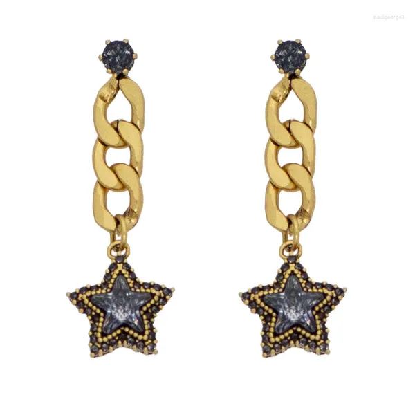 Pendientes de aro de plata esterlina aguja coreana retro antiguo micro micro circón de circón negro cadena de estrella de cinco puntas pequeña hada alta sentido