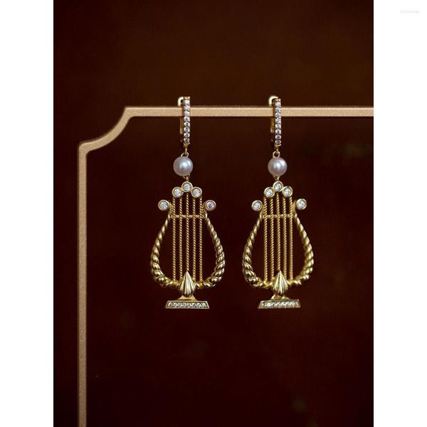 Boucles d'oreilles créoles Élégant Vintage 14K 18K Plaqué Or Harpe Perle Goutte D'oreille Longue Gland Zircon Boucle D'oreille 2023 Femmes Unique Italie Art Déco Bijoux