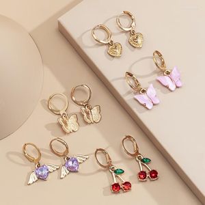 Boucles d'oreilles cerceau mode douce Gol Crystal Cherry Love Heart Butterfly Slebot for Women 5pair Set Jewelry Bijoux Brincos