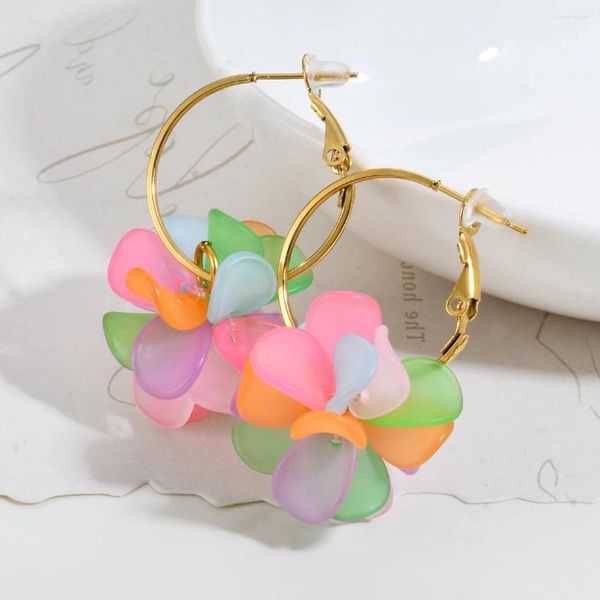 Pendientes de aro con flores dulces para mujer, aros grandes y coloridos de resina acrílica transparente, joyería elegante para las orejas de acero inoxidable