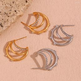 Boucles d'oreilles créoles à trois couches en forme de C, Micro incrusté de Zircon géométrique, plaqué or 18 carats, étanche, couleur argent, acier inoxydable 316L