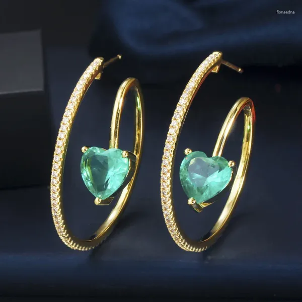 Boucles d'oreilles créoles à trois grâces, pierre de zircone cubique vert clair, Chic, cœur d'amour pour dames, accessoires de fête, bijoux E1367