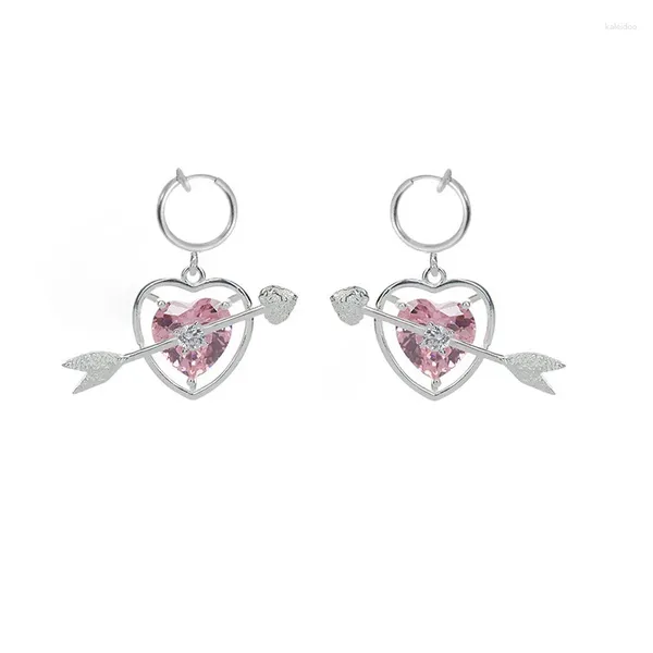 Boucles d'oreilles créoles tendance cupidon flèche à travers le cœur rose Zircon amour boucle d'oreille authentique 925 argent créatif femme