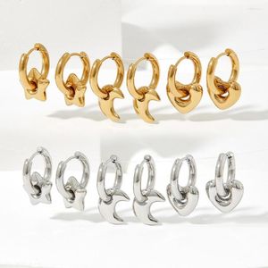 Pendientes de aro Tendencia Estrella Luna Corazón Colgante Gota Huggie 18k Chapado en oro Acero inoxidable resistente al agua Joyería de moda