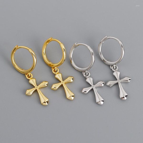 Pendientes de aro a la moda, colgante de cruz de plata de ley S925 brillante, accesorios para mujer, joyería religiosa chapada en oro de 18 quilates