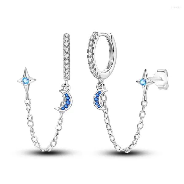 Boucles d'oreilles créoles tendance en argent Sterling 925, glands de lune étoilée bleue, Double couche, accessoires de bijoux de rencontre pour femmes