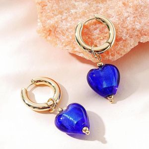 Boucles d'oreilles créoles à la mode couleur or petit Huggie avec pendentif bleu femmes élégantes boucle d'oreille coeur