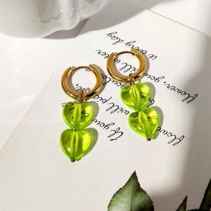 Boucles d'oreilles cerceau à la mode vert résine coeur acier inoxydable pour les femmes Transparent amour cercle Huggie 2022 bijoux