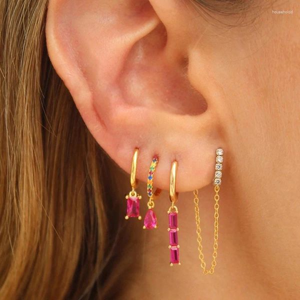 Pendientes de aro de moda para mujer, gota de agua pequeña de circonita roja y rosa, Colgante cuadrado geométrico, cadena, Piercing, llegada 2024