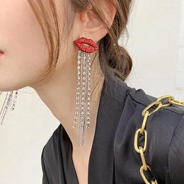 Hoepel oorbellen trendy glanzende volle kristal rode lip lange tassel druppel earring vintage strass keten voor vrouwen feestjuwelen