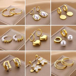 Boucles d'oreilles créoles tendance en acier inoxydable, cœur pour femmes, plaqué or, Imitation perle, Piercing, bijoux de luxe, cadeau Mujer