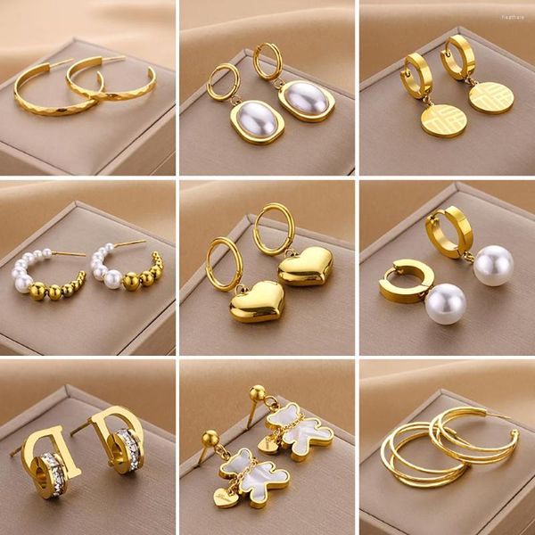 Pendientes de aro de moda de acero inoxidable con forma de corazón para Mujer, chapado en oro, Perla de imitación, Piercing, joyería de lujo, regalo para Mujer