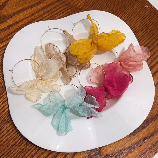 Boucles d'oreilles créoles en tissu Tulle pour femmes, goutte de fleur, Style bohème, maille, vacances, plage, fête, bijoux cadeau