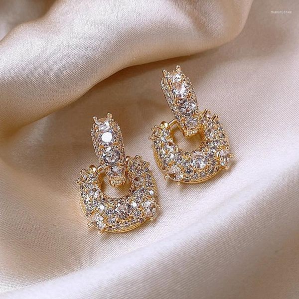 Boucles d'oreilles créoles UILZ coréen géométrique plein Zircon pour les femmes de luxe 14K plaqué or rond pendentif boucle d'oreille accessoires de fête