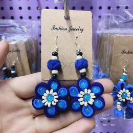 Brincos de argola exclusivos de tecido flor artesanal tingimento azul moda boho brinco étnico joias de declaração atacado