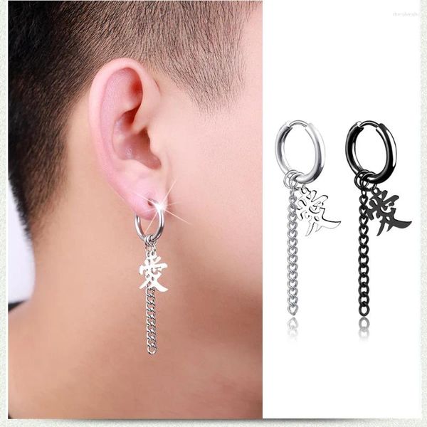 Boucles d'oreilles créoles unisexes en titane et acier inoxydable, mot d'amour, couleur noire, hip hop, Chic, chaîne à pampilles, fête pour hommes, Punk, vente en gros