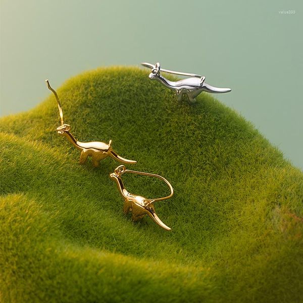 Pendientes de aro de dinosaurio inusual para adolescentes, ganchos de plata de ley 925, Color dorado, joyería Animal bonita, regalos para mujeres y niñas