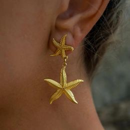 Pendientes de aro Uworld Acero inoxidable Distintivo doble gota Estrella de mar Impermeable Chapado en PVD de 18 quilates La quintaesencia de la sensación de verano Mujer