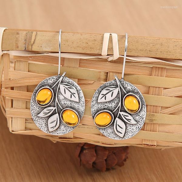 Pendientes de aro Vintage plata antigua Color hoja naranja piedra pendiente grabado Oval Metal planta gancho para mujer Retro joyería regalo