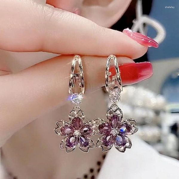 Pendientes de aro Vintage elegante púrpura cristal flor pétalo para mujer diseño de circón brillante joyería fiesta regalos Premium