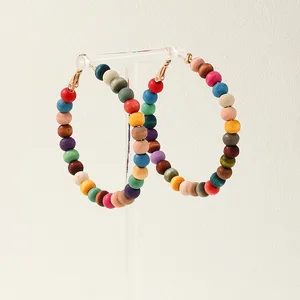 Boucles d'oreilles cerceaux vintage exagéré cercle pour femmes filles colorées en bois perle de vacances bijoux accessoires d'oreille AE140