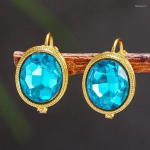 Boucles d'oreilles cerceaux Vintage Gold Color Metal incrusté de pierres bleues ovales pour les femmes accessoires de fête de mariage de style ethnique