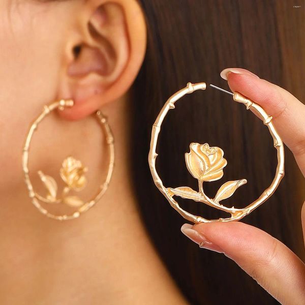 Pendientes de aro Vintage ahuecados con flor de rosa de Metal para mujer, circulares grandes, Punk, Color dorado, geométrico, en forma de C, regalo de fiesta