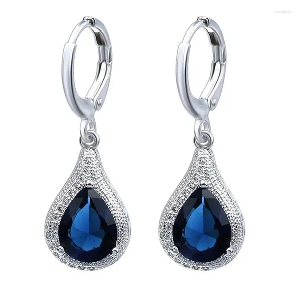 Boucles d'oreilles créoles en argent 925 véritable, bijoux Vintage, goutte d'eau, Zircon bleu, boucle d'oreille à aiguille pour femmes