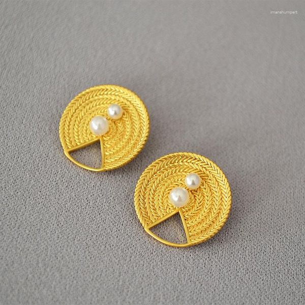 Pendientes De Aro Vintage Nicho Patrón Minimalista Marca Redonda Latón Chapado En Oro Perla De Imitación Aguja De Plata 925