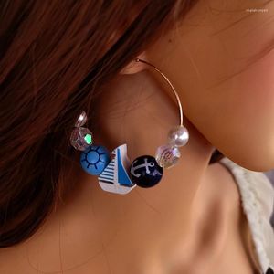 Boucles d'oreilles créoles Vintage pour femmes, impression de perles en bois, décoration d'ancre de voilier, grand cercle, bijoux cadeaux de fête sur la plage