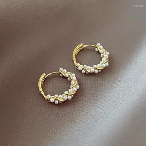 Hoop oorbellen Vintage Ronde Cirkel voor vrouwen Golden Handmade Pearl Twist Koreaanse mode -sieraden 2024 Trendy Chirspasmas Earring