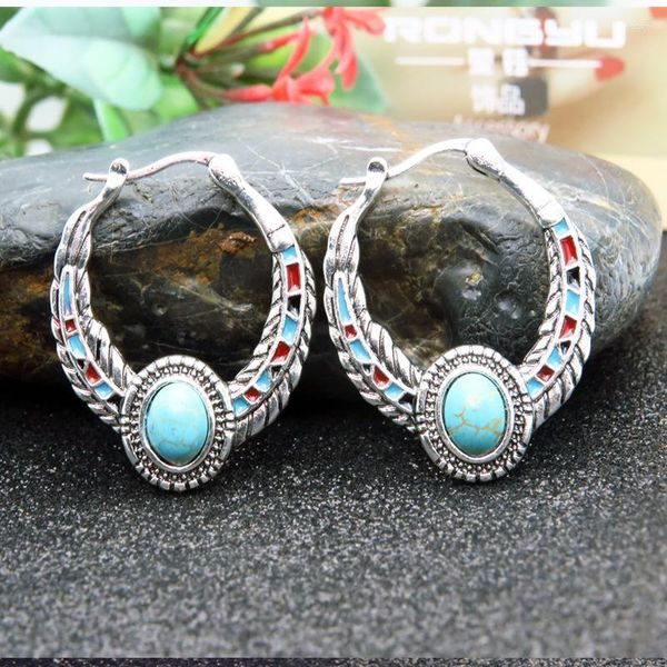 Pendientes de aro estilo Vintage plateado piedra turquesa pluma pendiente para mujeres niñas Bohemia declaración joyería En1334